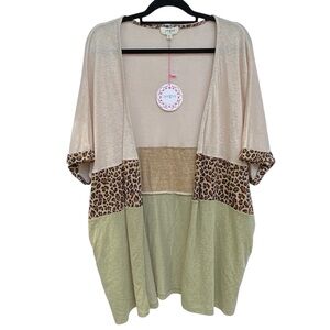 Umgee Leopard Color Block Cardigan Kimono Womens Size M/L NWT Linen Green
